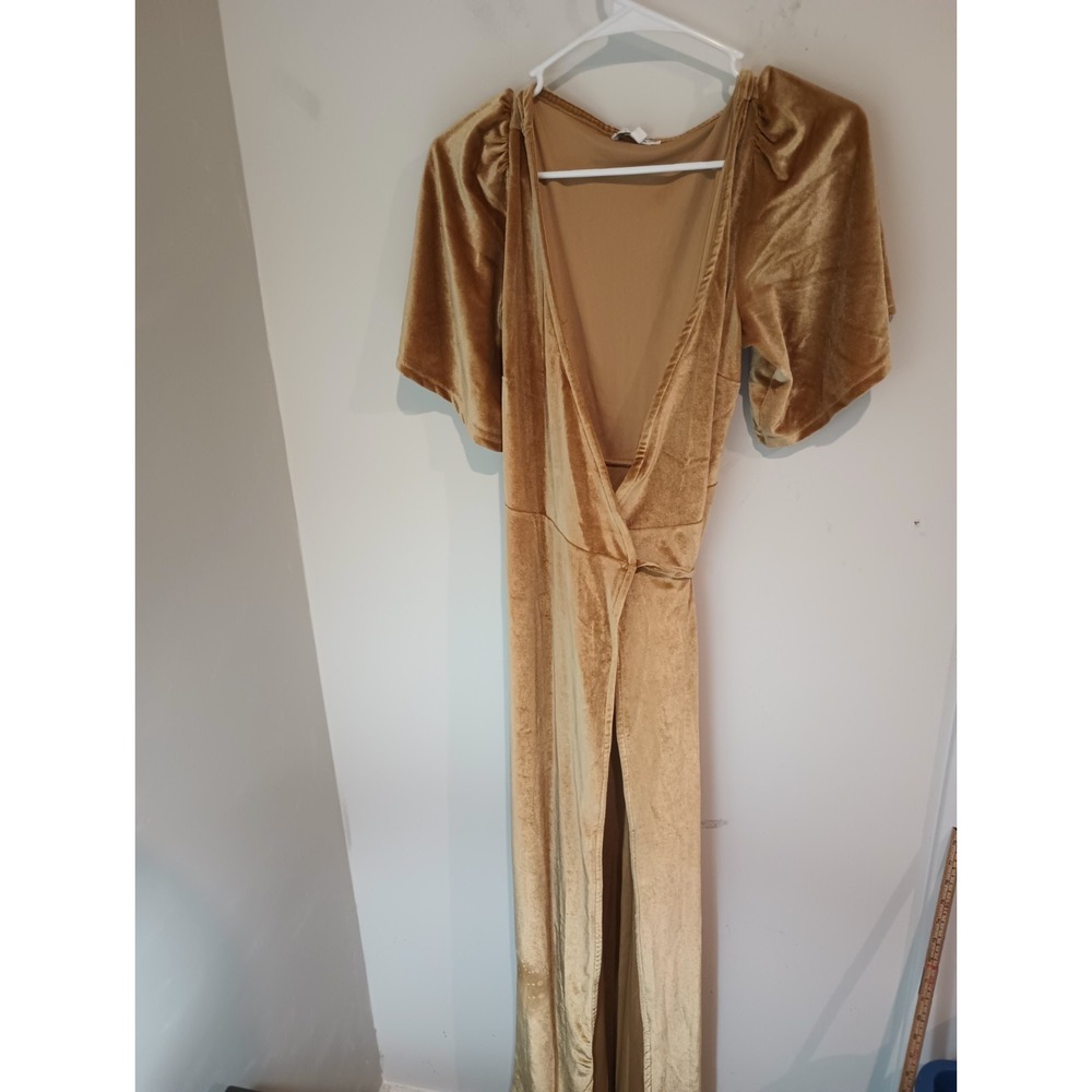 Baltic Born Medium Gold Velvet Wrap Maxi Dress Short Sleeve Formal Bridesmaid M
